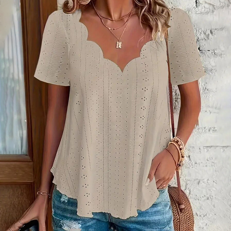 Women's Summer Scallop Trim V Neck Eyelet T-Shirt Short Sleeve Top Dressy Casual Tunic Blouses
