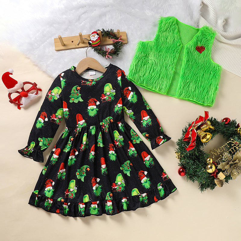 Toddler Kids Baby Girl Christmas Outfits, Long Sleeves Cartoon Prints Party Dress With Heart Print Vest Coat Set
