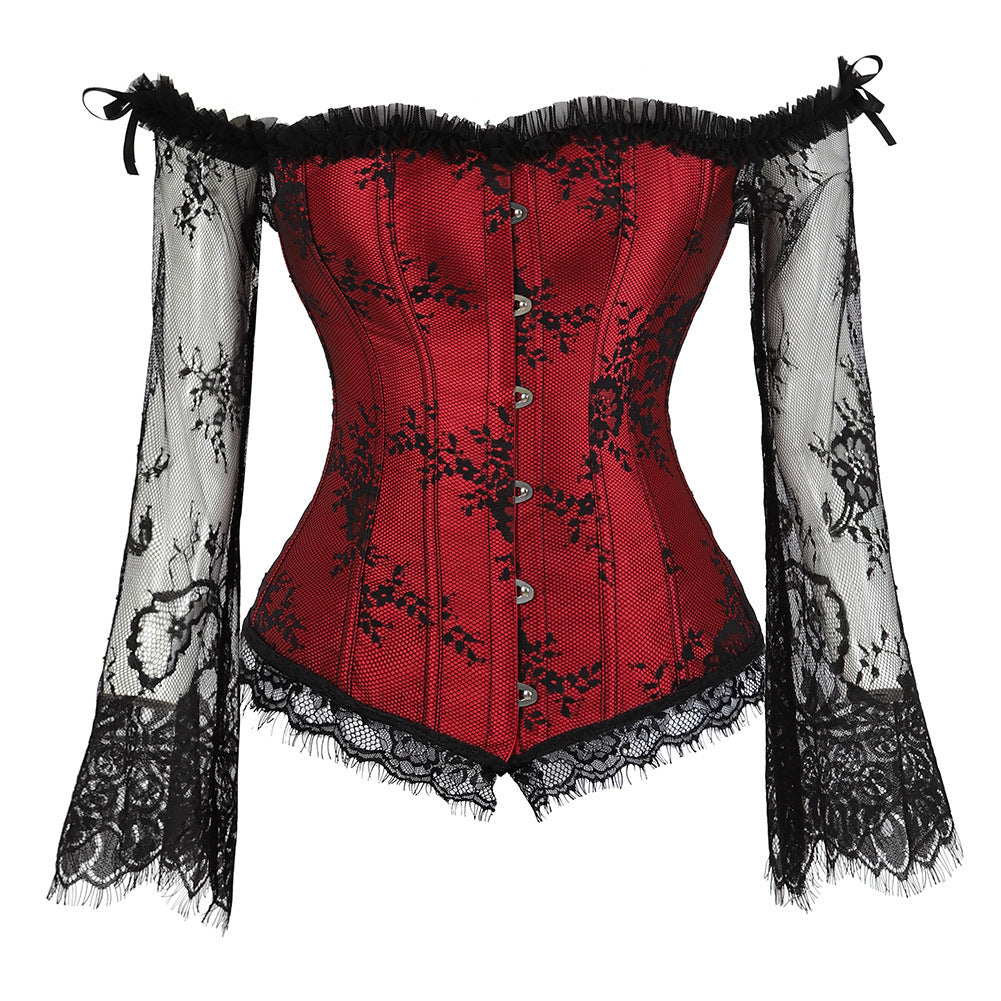 Red lace long-sleeve corset top with hook-front closure and black lace sleeve panels