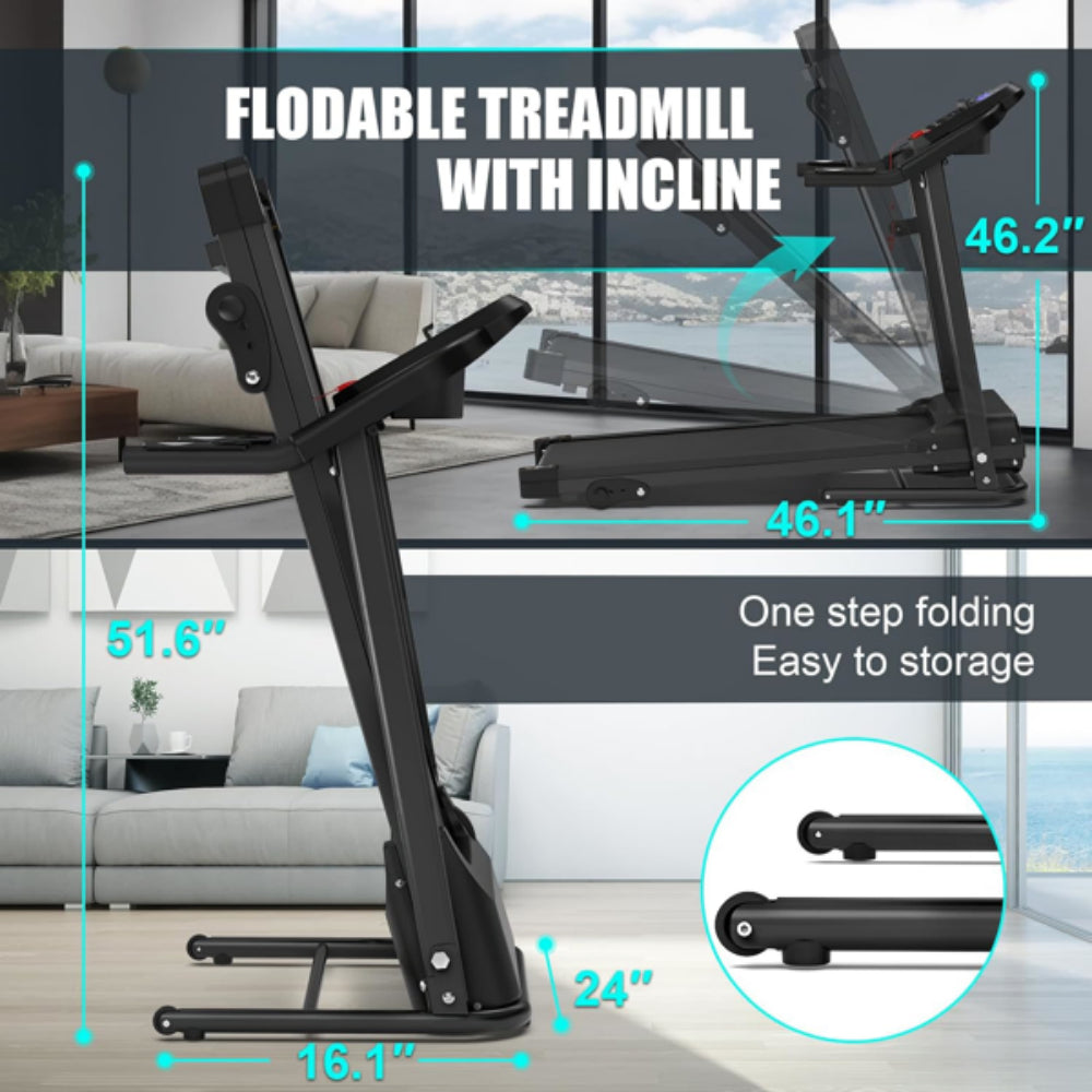 Foldable treadmill with incline, black frame and running belt, folding base detail
