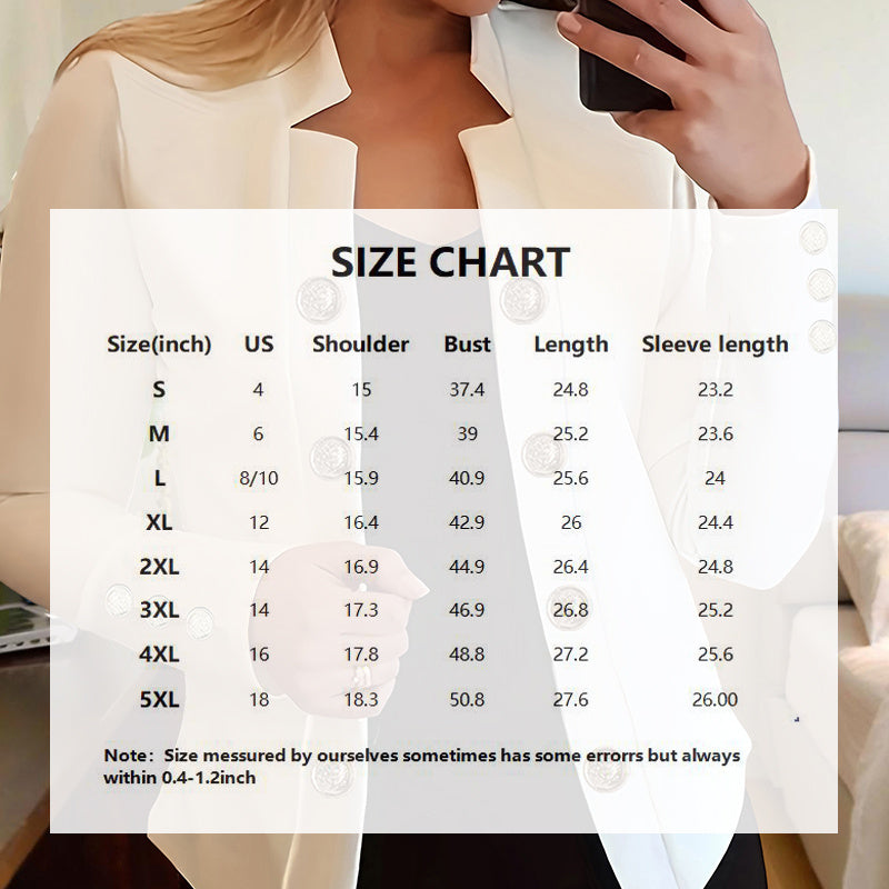 Women’s white double-breasted long sleeve top shown with size chart overlay