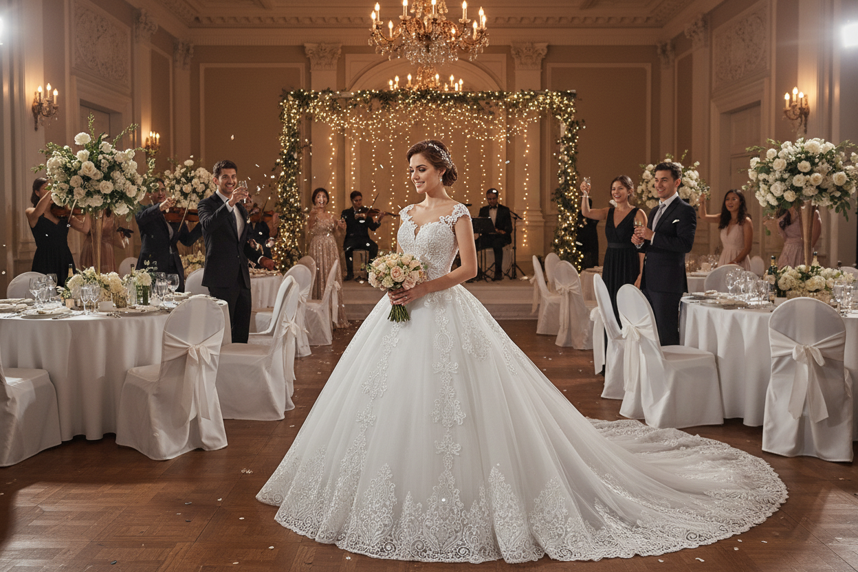 White lace wedding dress with floral appliqué bodice and flowing A-line skirt with train