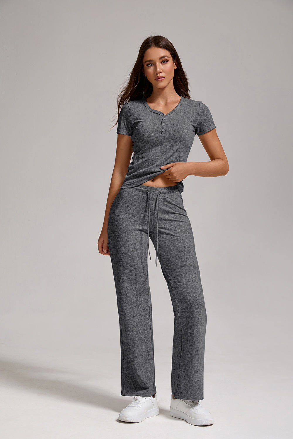 Women's Casual Two-piece Set With V-neck Button, Short Sleeved, Low Waisted Flared Pants, Sportswear