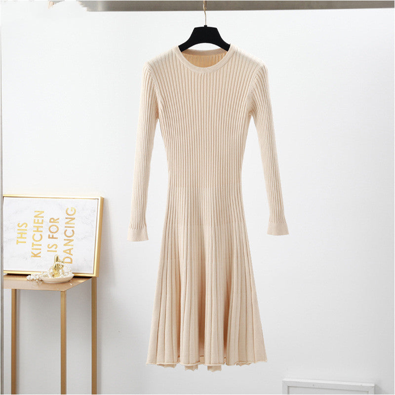 Round Neck Knitted Long Sleeve A- Line Dress