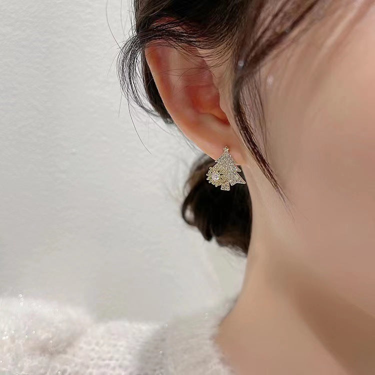 Rotatable Christmas Tree Shiny Rhinestone Snowflake Stud Earring Jewelry Gifts