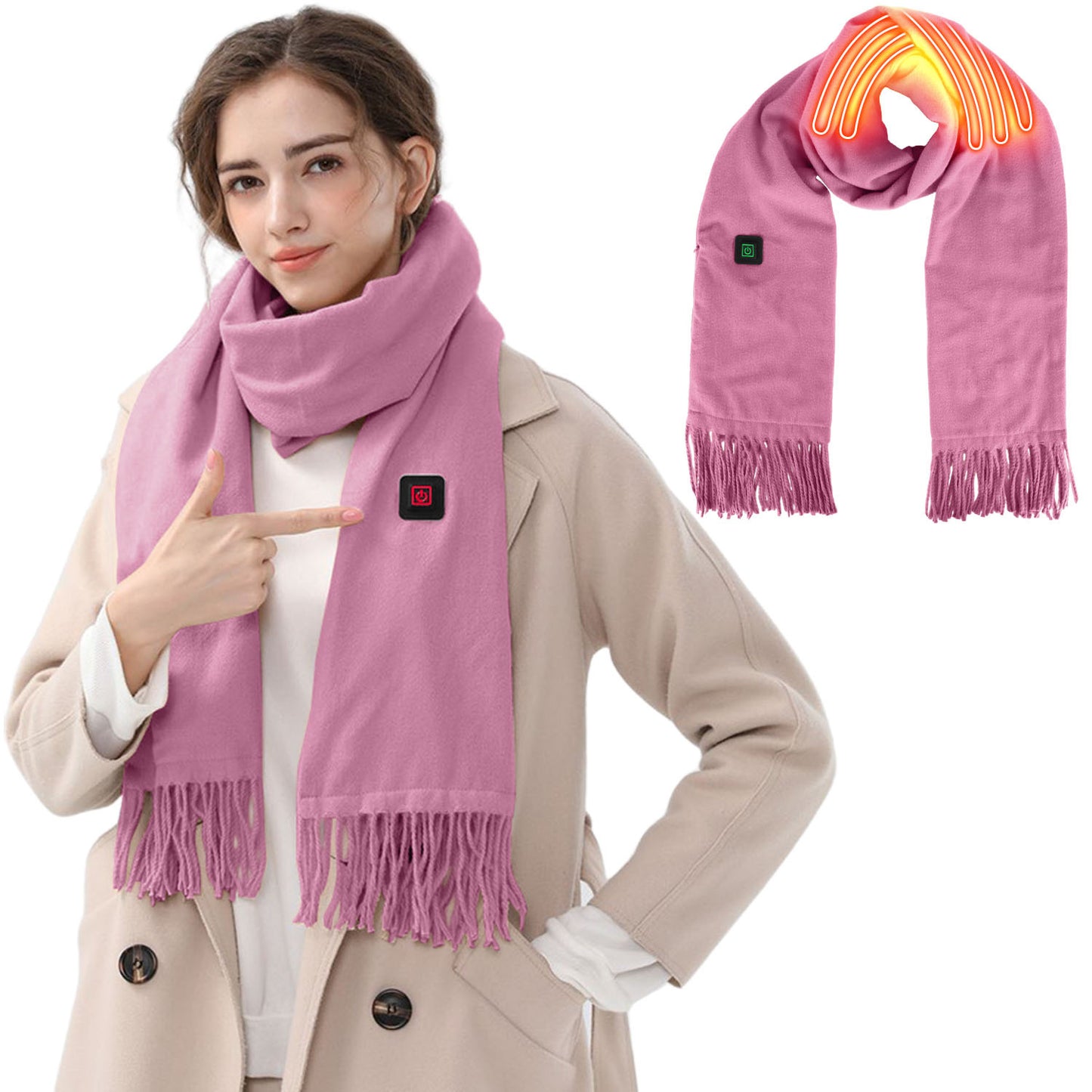 Heated winter scarf, pink with fringe ends and a small control patch