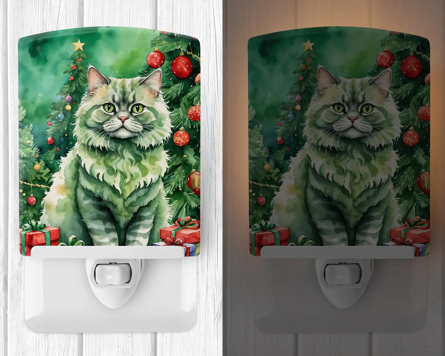 Selkirk Rex Cat By the Christmas Tree Ceramic Night Light