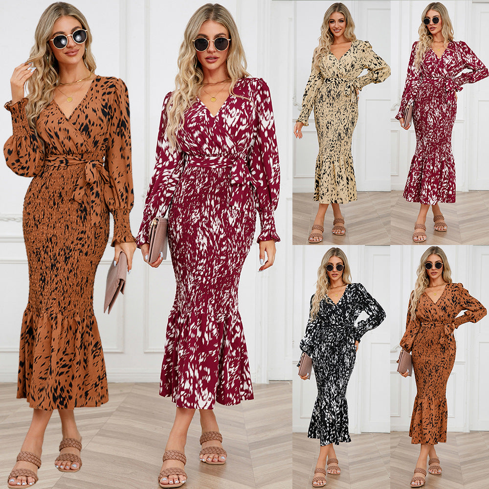 Slim-fit Temperament V-neck Belt Printed Long Fishtail Dress