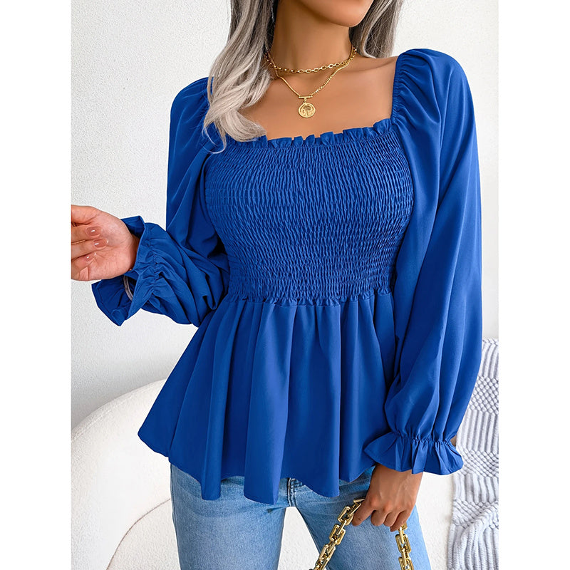 Women's Peplum Tops Square Neck Ruffle Trim Long Sleeve Blouse Smocked Top Dressy Casual Shirts