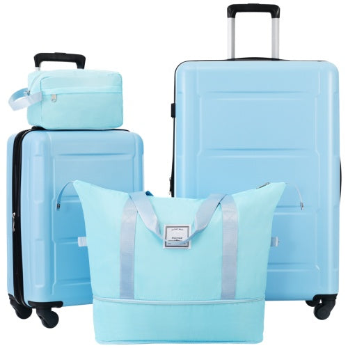 Light blue ABS spinner suitcase set with white strap duffel bag and toiletry pouch