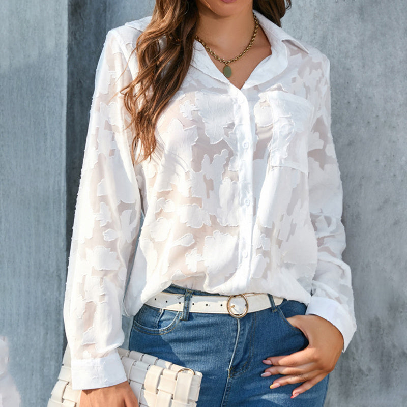 Women's Casual Sheer Button Down Shirts Long Sleeve V Neck Jacquard Blouses Tops