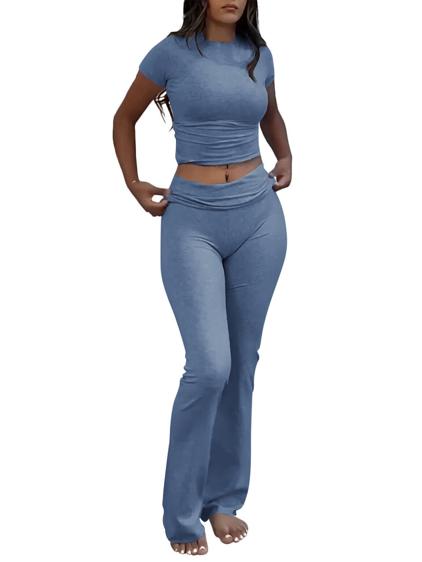 Casual Solid Color Slim Fit Two-piece Set, Short Sleeved Round Neck T-shirt And Tight Flared Sports Pants