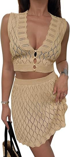 Saodimallsu Women's Two Piece Crochet Swimsuit Cover Ups Sleeveless V Neck Crop Tops Skirt Sets Beach Vacation Outfits