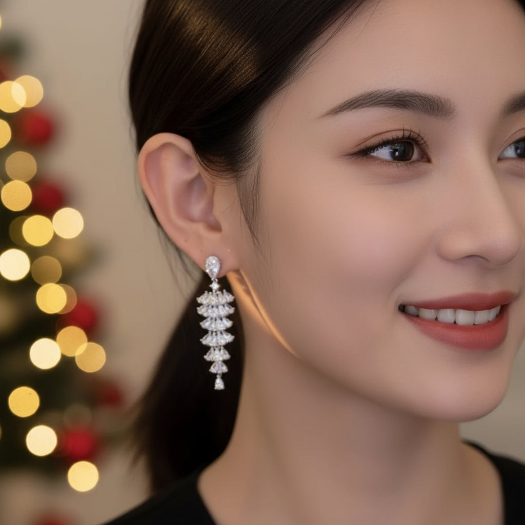 Sparkling Zircon Christmas Tree Drop Earrings For Women Trendy Xmas Tree Plant Dangle  New Year Festival Party Jewelry