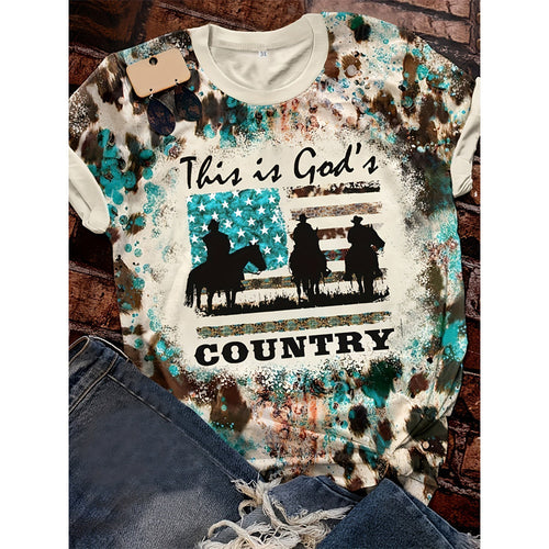 Women's Western Cowboy Print T-Shirt - Loose Fit Crew Neck Short Sleeve Tee, Color Block Design, Breathable Top