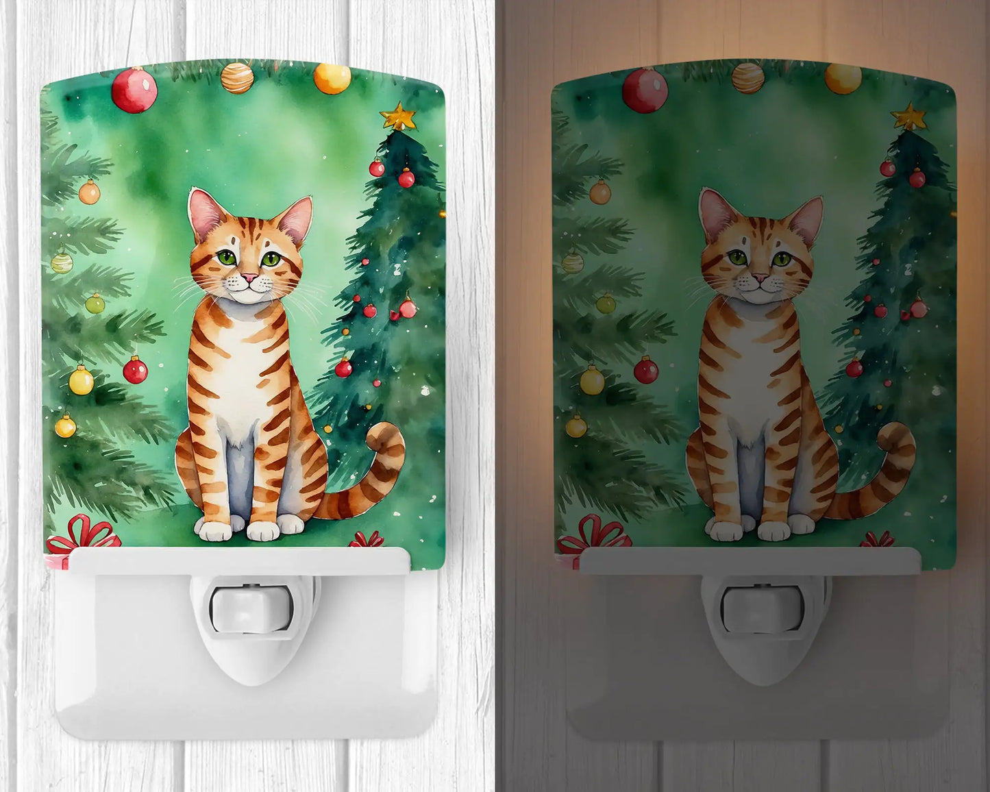 Safari Cat By the Christmas Tree Ceramic Night Light