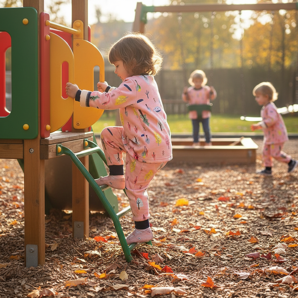 Kids pink thermal pajama set with long sleeves and full-length pants, cartoon prints