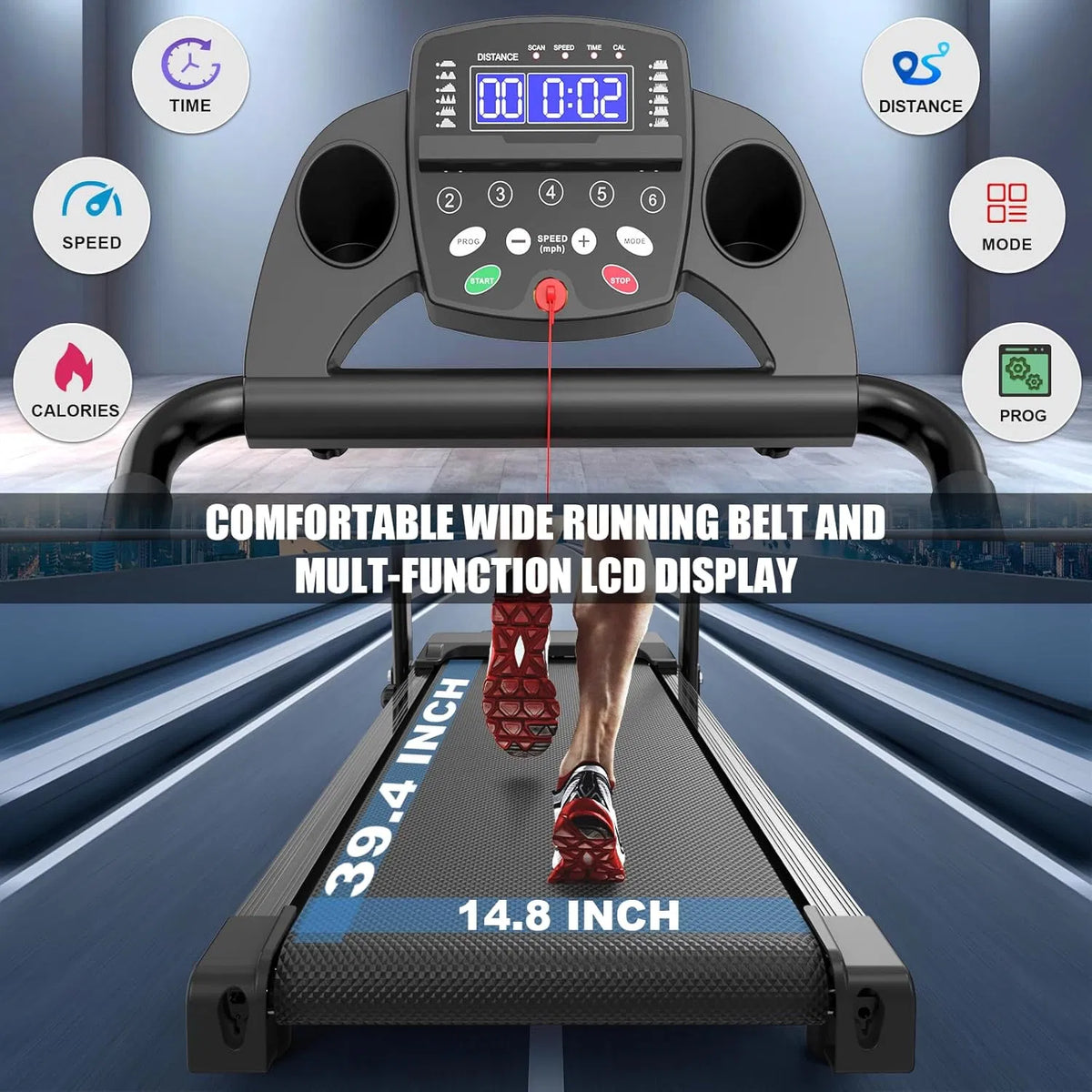 Treadmill console with LCD display and control buttons over walking belt
