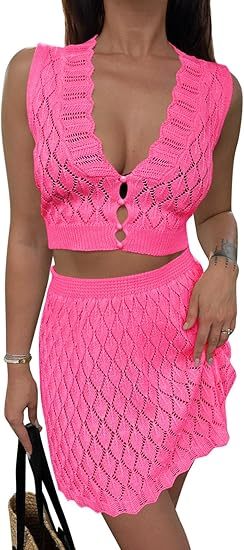 Saodimallsu Women's Two Piece Crochet Swimsuit Cover Ups Sleeveless V Neck Crop Tops Skirt Sets Beach Vacation Outfits