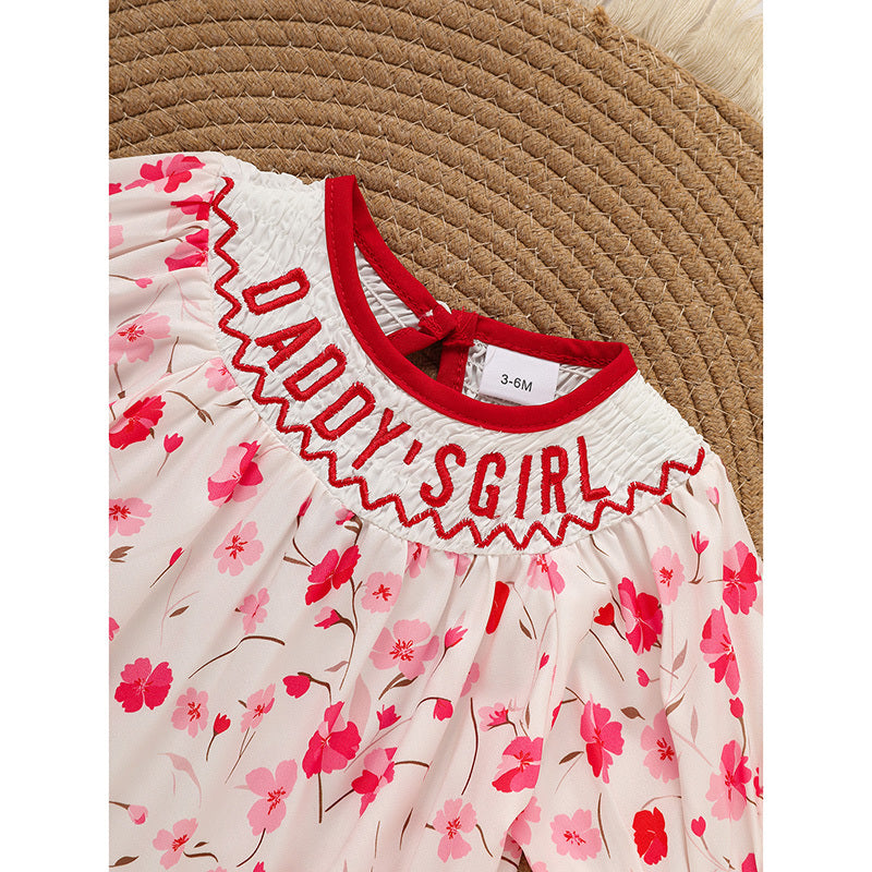 Infant Floral Smocked Romper 'DADDY'S Girl' Embroidery Short Sleeve Crew Neck Adorable Princess Party Bodysuit