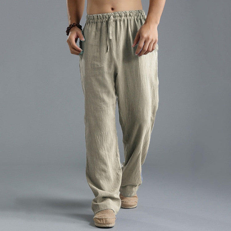 Loose linen sports pants in beige, elastic drawstring waist, ankle cuffs