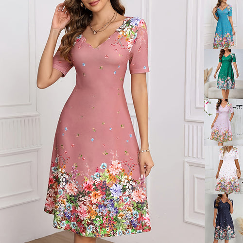 Women's Summer Short Sleeve Casual Dresses Sweet Cute V-Neck Floral Sundresses