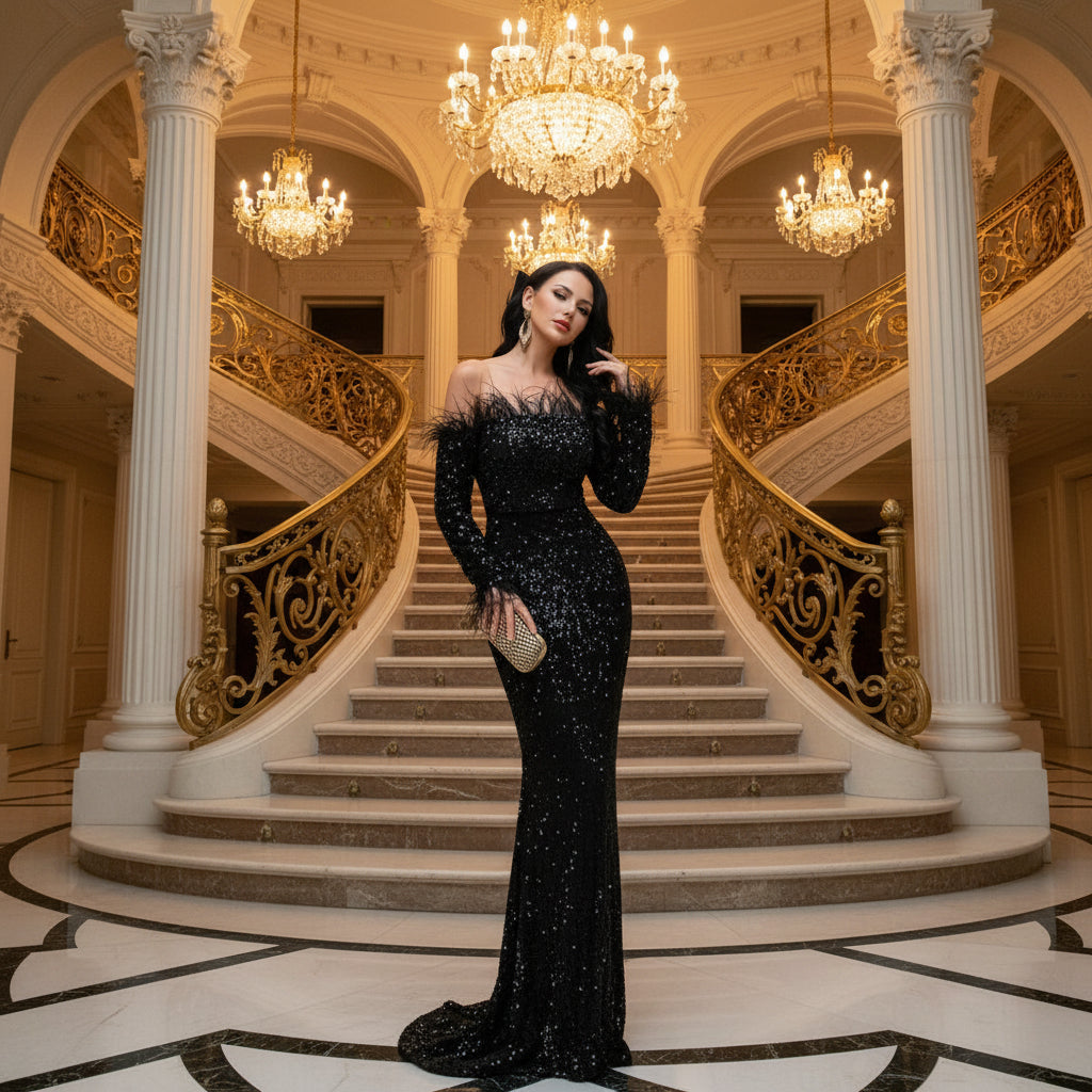 Women Sexy Off Shoulder Long Sleeve Feather Elegant Sequin Maxi Dress