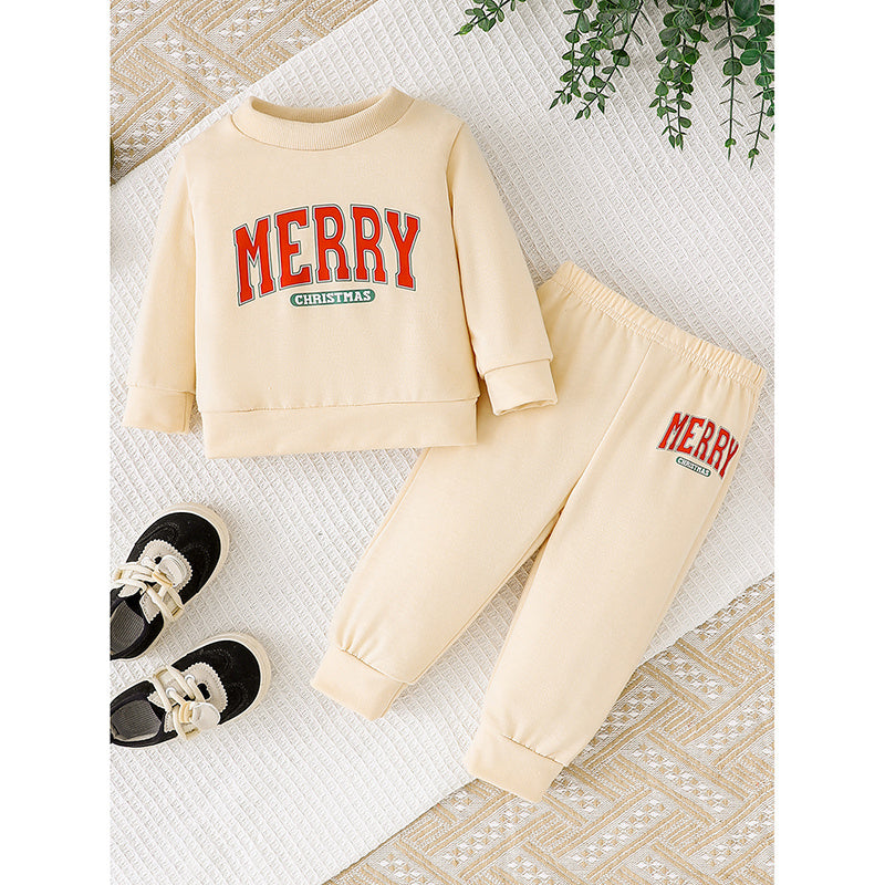Baby Girls 2Pcs Outfits MERRY Christmas Letter Print Round Neck Long Sleeve Sweatshirt & Pants Set