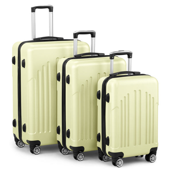 Cream yellow ABS&PC luggage set with curved vertical pattern, black trim, spinner wheels