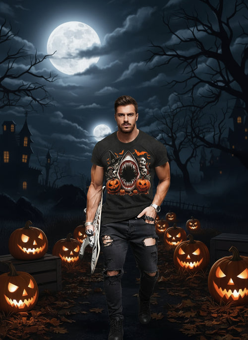 Men's Casual Polyester Round Neck T-shirt With 3D Shark And Halloween Pumpkin Fitted Knit Fabric, Slightly Elastic