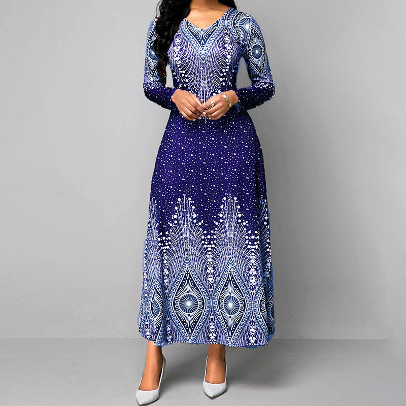 Women's Plus Size Elegant V-Neck Long Sleeve A-Line With Starry Sky Print, Slim-Fit Flowy Maxi Dress