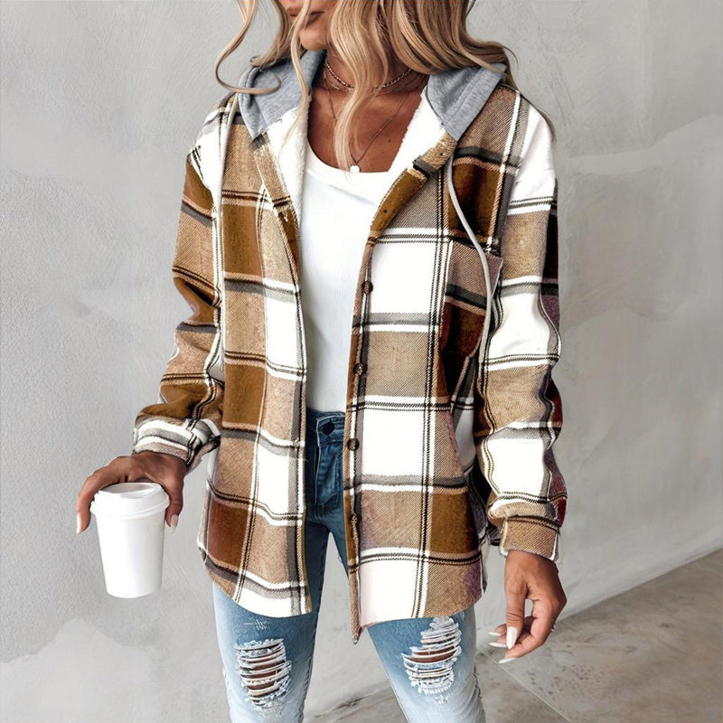 Plaid drawstring hoodie shirt with button front, khaki and white check