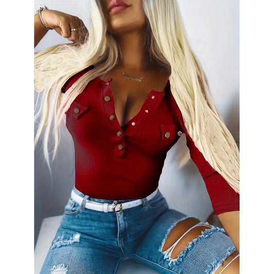 Women's Long Sleeves Ribbed Knit Tunic Shirts Scoop Neck Button-Up Tops Slim Fit Blouses