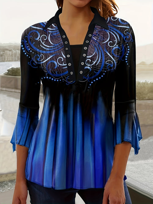 New Printed Lapel Blue Three-quarter Sleeve T-shirt Irregular Cuff Button Top