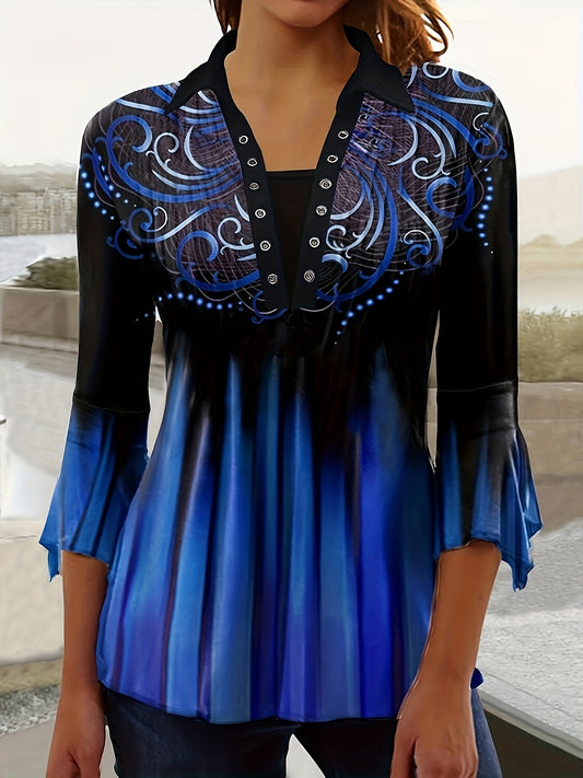 New Printed Lapel Blue Three-quarter Sleeve T-shirt Irregular Cuff Button Top