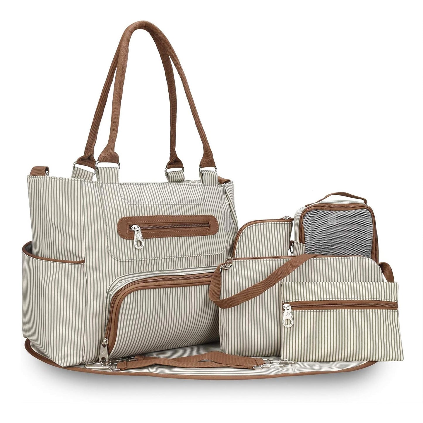 Striped diaper bag set with brown handles, mesh bottle bag, and matching zip pouches
