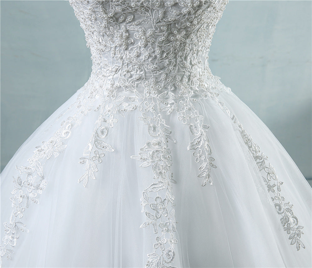 White wedding dress tulle skirt with vertical floral lace appliques