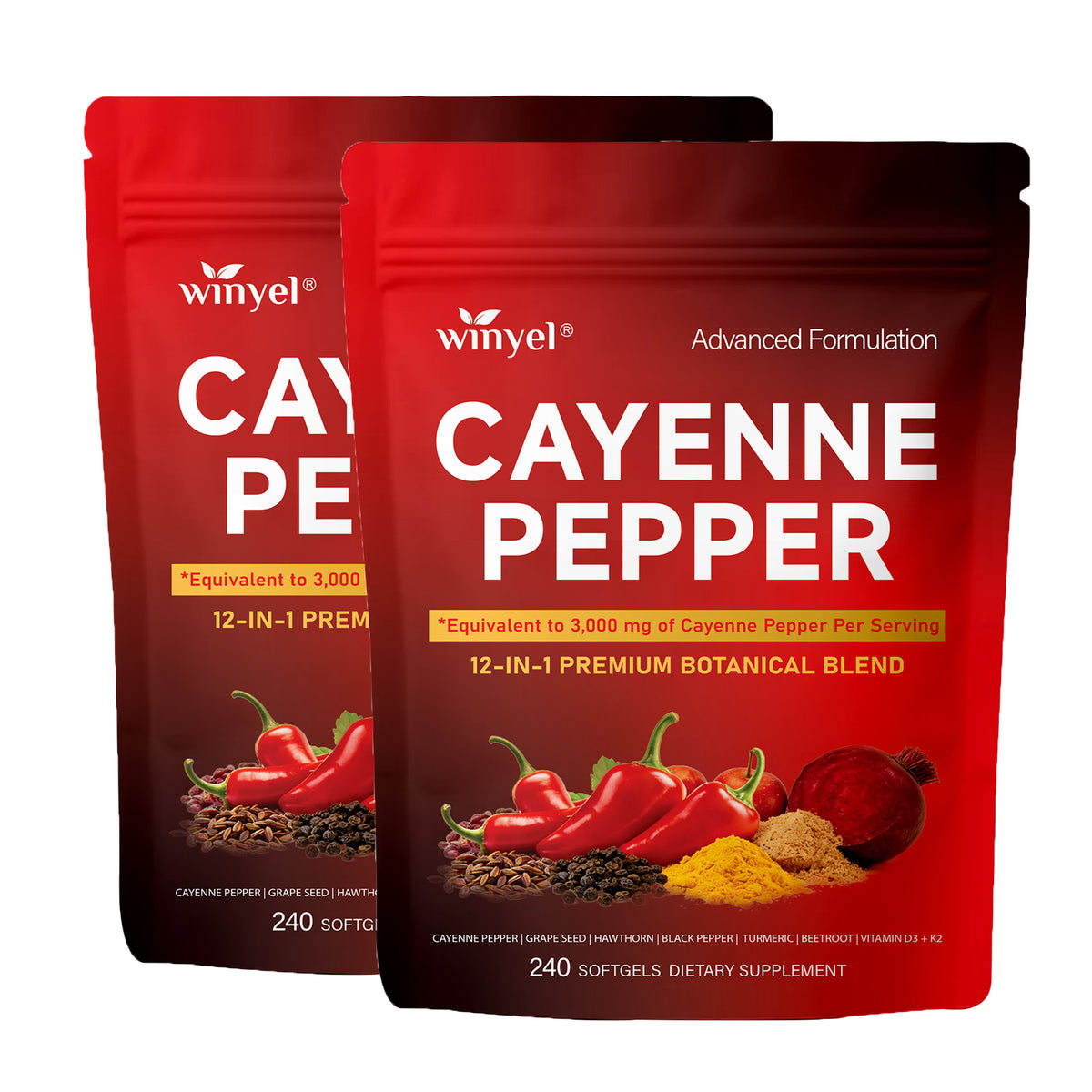 Pair of Cayenne Pepper supplement pouches, red bags with “CAYENNE PEPPER” label.