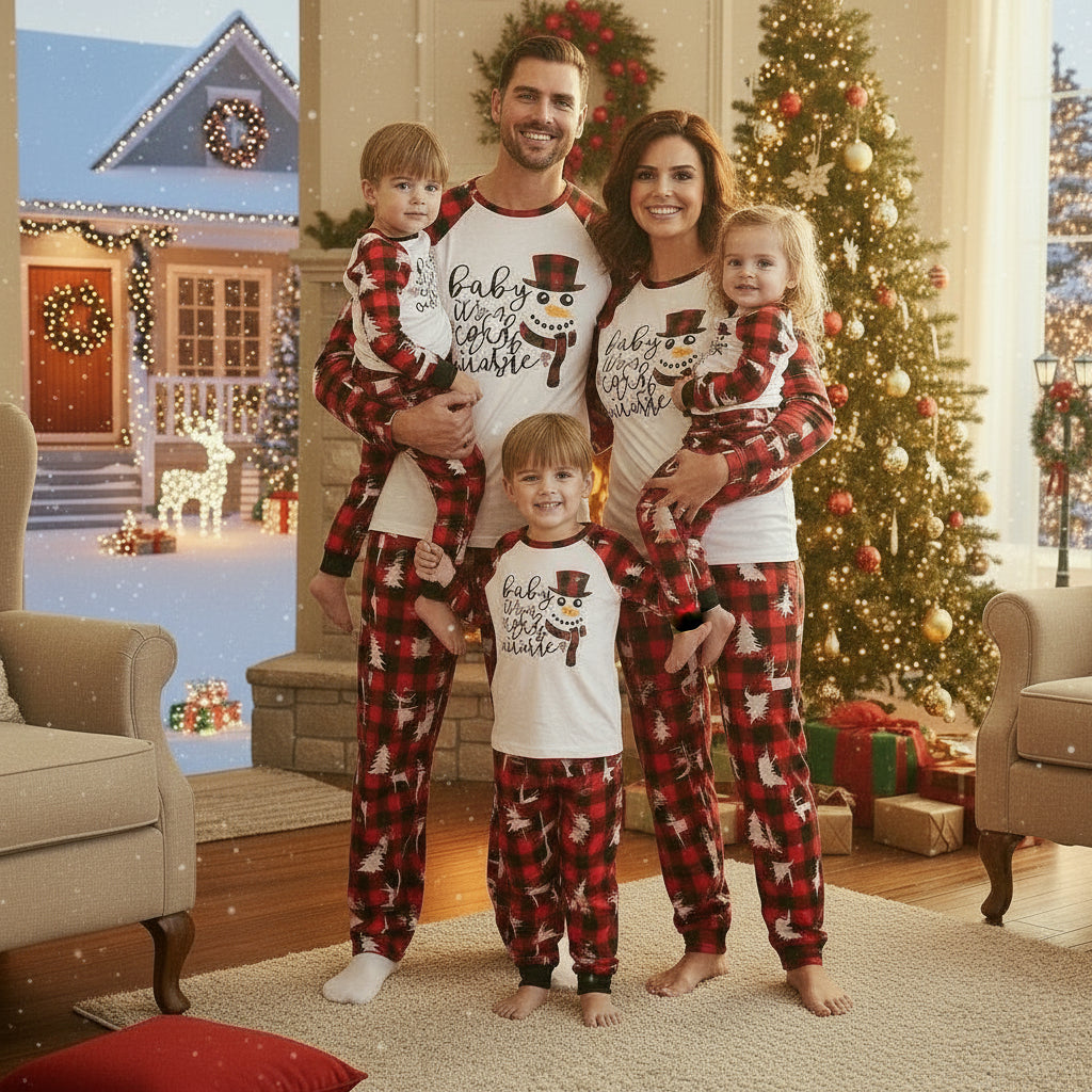 Red plaid Christmas sleepwear set with long sleeves and matching pants