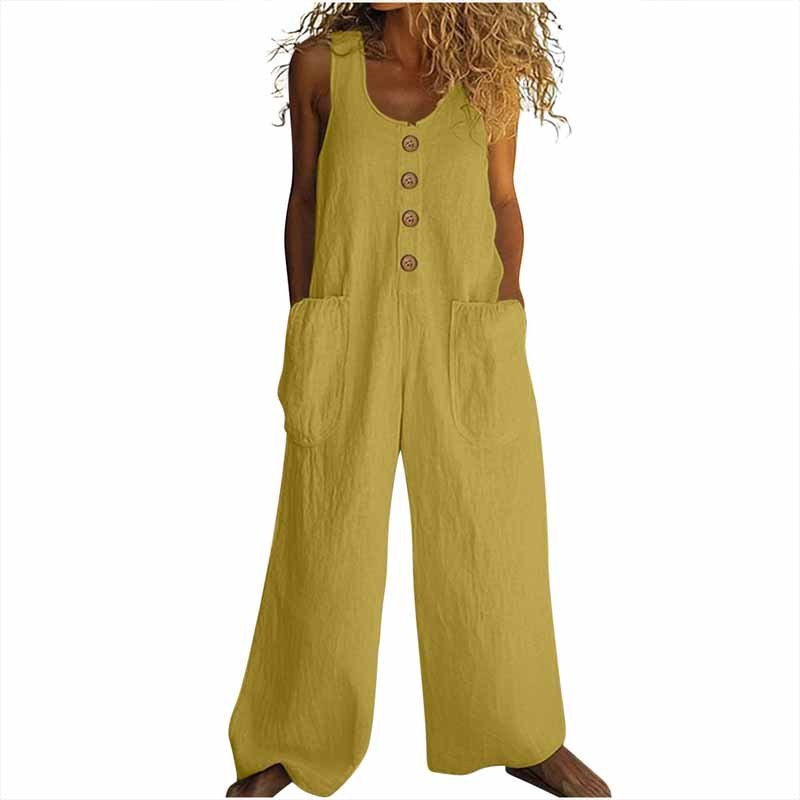 Sleeveless wide-leg jumpsuit with button front and patch pockets, mustard yellow