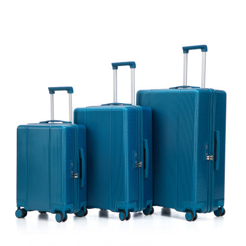 3-piece ABS spinner luggage set in teal blue, with telescopic handles and smooth wheels