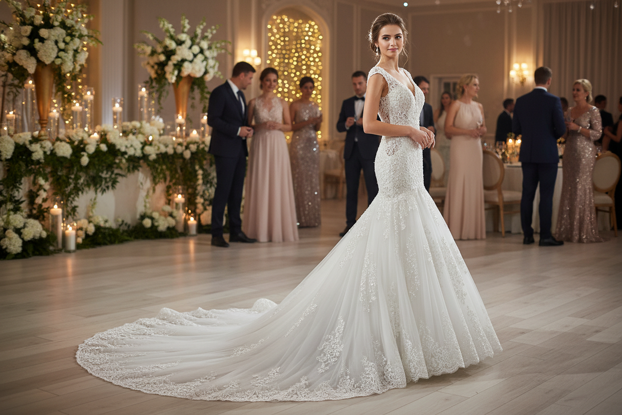 White lace mermaid wedding dress with illusion neckline and extended sweeping train.