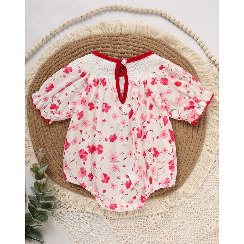 Infant Floral Smocked Romper 'DADDY'S Girl' Embroidery Short Sleeve Crew Neck Adorable Princess Party Bodysuit