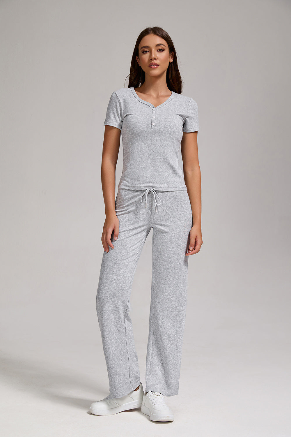 Women's Casual Two-piece Set With V-neck Button, Short Sleeved, Low Waisted Flared Pants, Sportswear