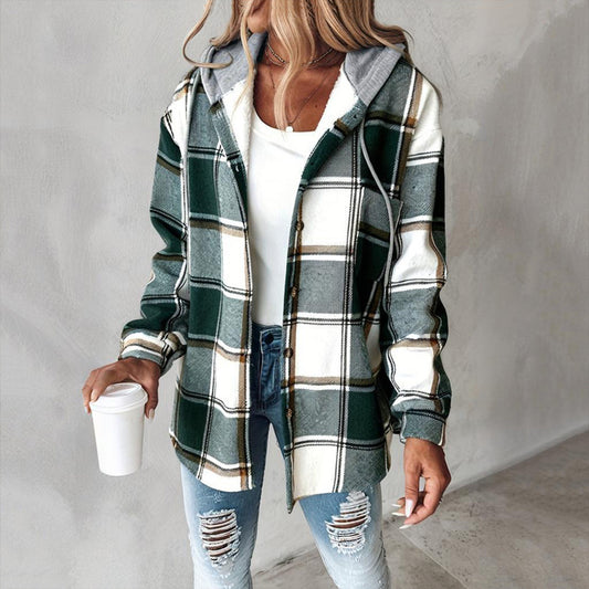 Women's Plaid Drawstring Hoodie Long Sleeve Shirt Button Front Casual Tops Minimalist Style