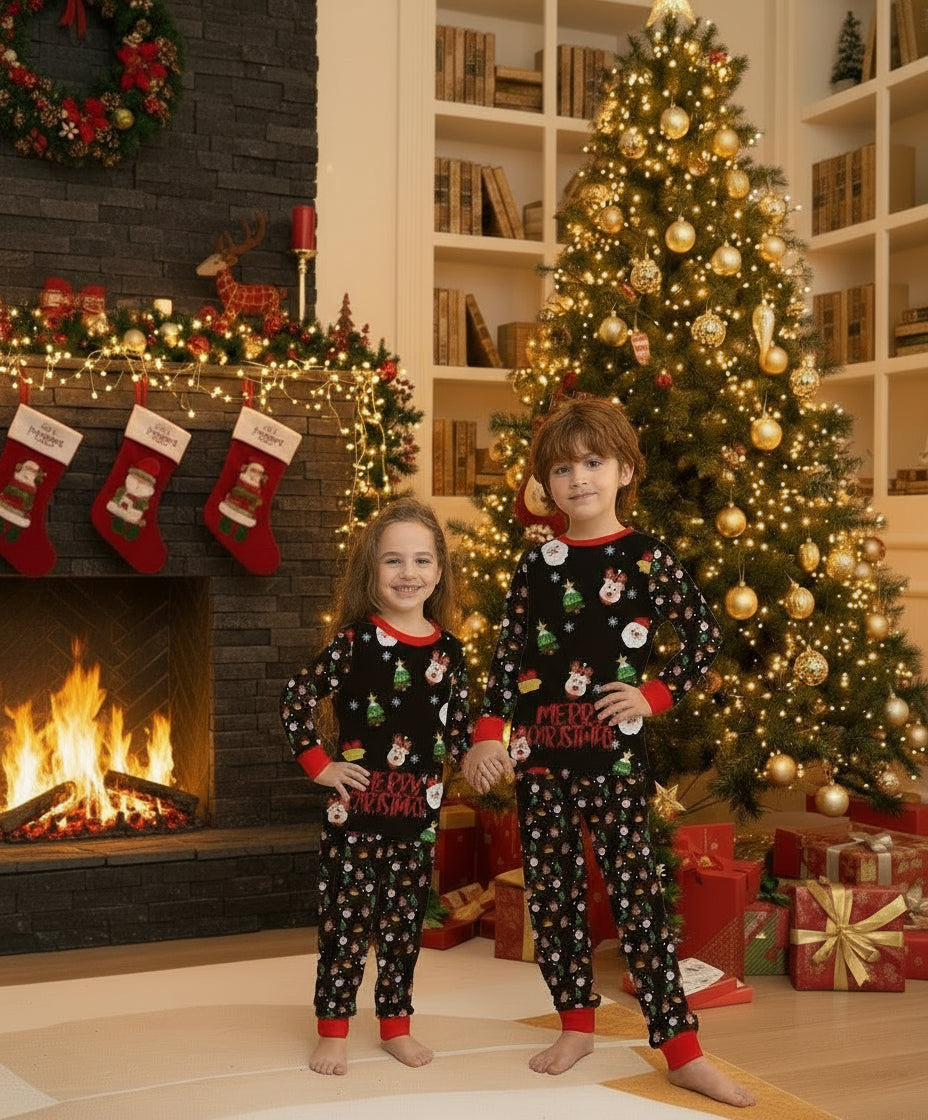 Kids Christmas matching pajama set in dark fabric with red cuffs and Merry Christmas text.