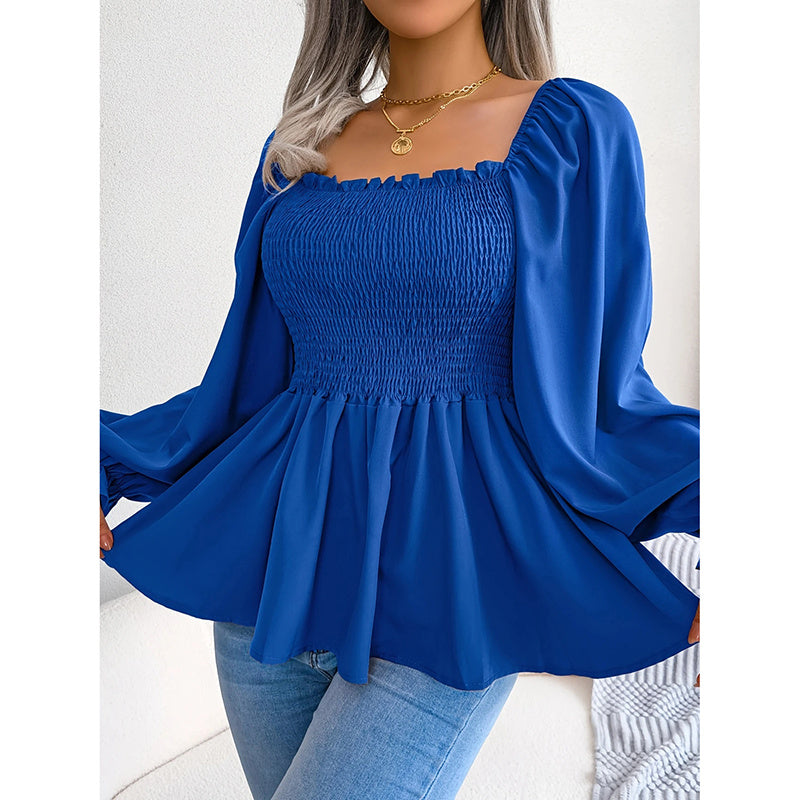 Women's Peplum Tops Square Neck Ruffle Trim Long Sleeve Blouse Smocked Top Dressy Casual Shirts