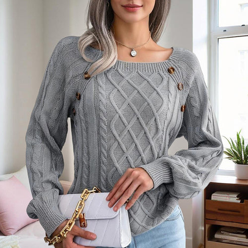 Women's Solid Color Casual Square Neck Button-Detail Knit Top - Textured Ribbed Pattern