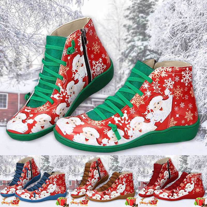 Christmas Ankle Women Santa Claus Snowflake Print Flats Shoes Casual Slip-on Side Zipper Design Short Boot