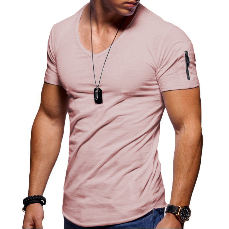 Men's light pink V-neck short-sleeve cotton T-shirt